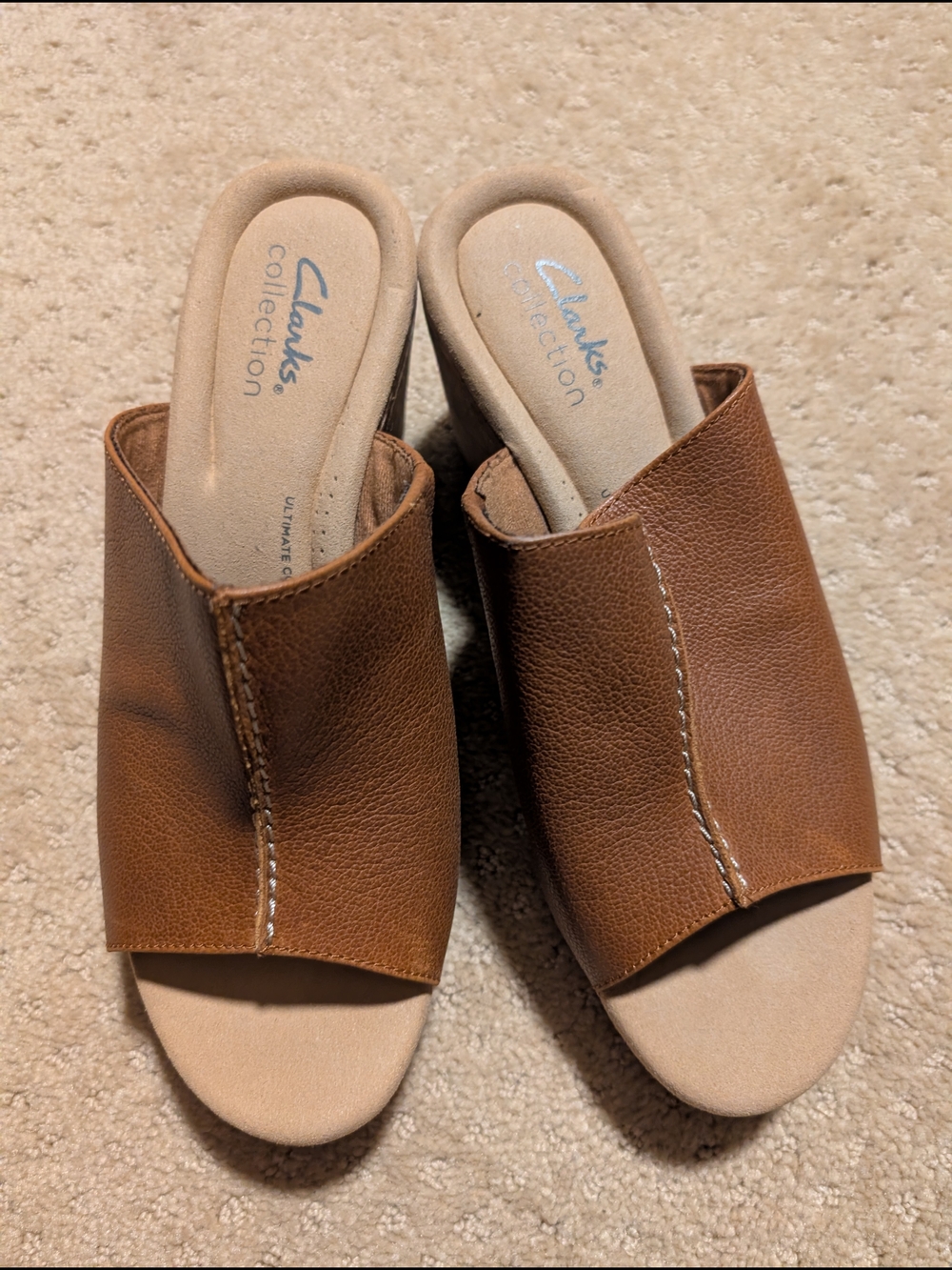 Clarks Brown Leather Slide Wedge Sandals